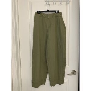 Zara Linen Blend Barrel Pants Women's Small High Waisted Olive Green Cuffed Hem